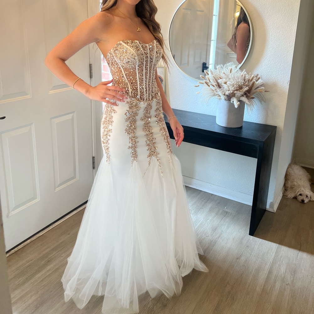 Elegant White and Gold Strapless Gown